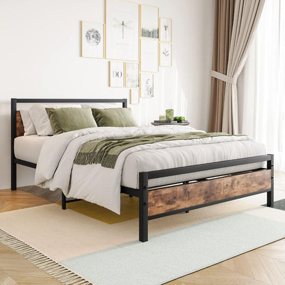 BOFENG Bedframe voor tweepersoonsbed, 137 cm, met houten hoofdeinde, robuust platformbedframe, geen boxspring nodig, boerderijbedden, robuuste bedbodem van vierkante buis, huismeubilair