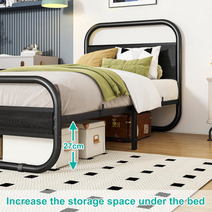 HOMERECOMMEND Bedframe van metaal en hout, met lattenbodem, 90 x 200 cm met hoofdeinde, ovaal platformbed met opbergruimte onder het bed, 90 x 200 cm, zwart