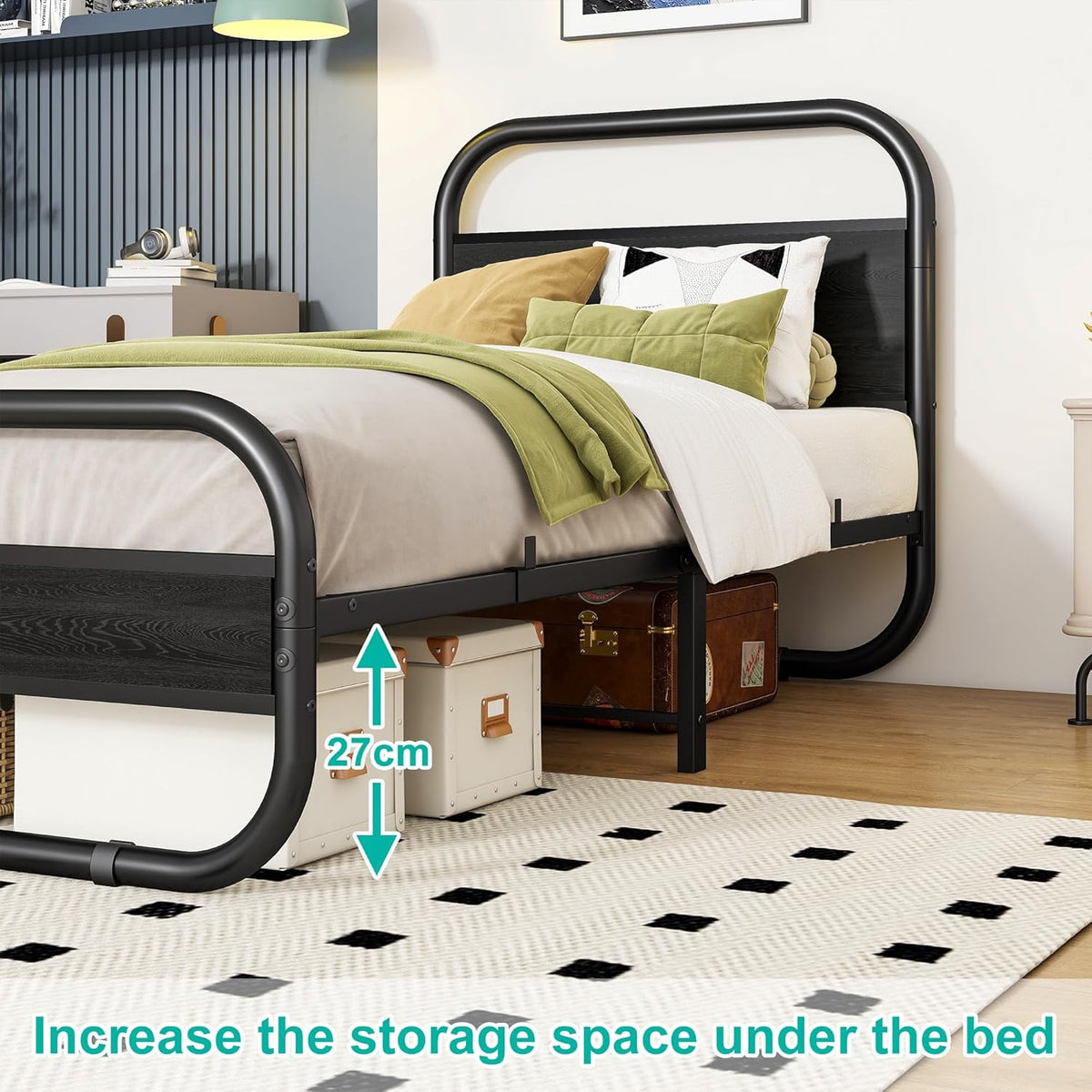 HOMERECOMMEND Eenpersoonsbedframe met hoofdeinde, zwart eenpersoonsbed 90x190 cm met opbergruimte onder het bed, stalen latten matrasstichting ronde pijpontwerp, zwart
