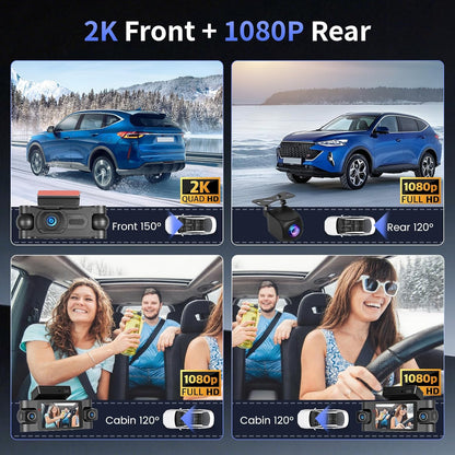 Hikity 4-kanaals dashcam, wifi dashcam 2K voor en 1080p achter binnen links rechts, autocamera met 64 GB kaart - wifi, G-sensor, loop-opname, nachtzicht, parkeerbewaking, achteruitrijassistent