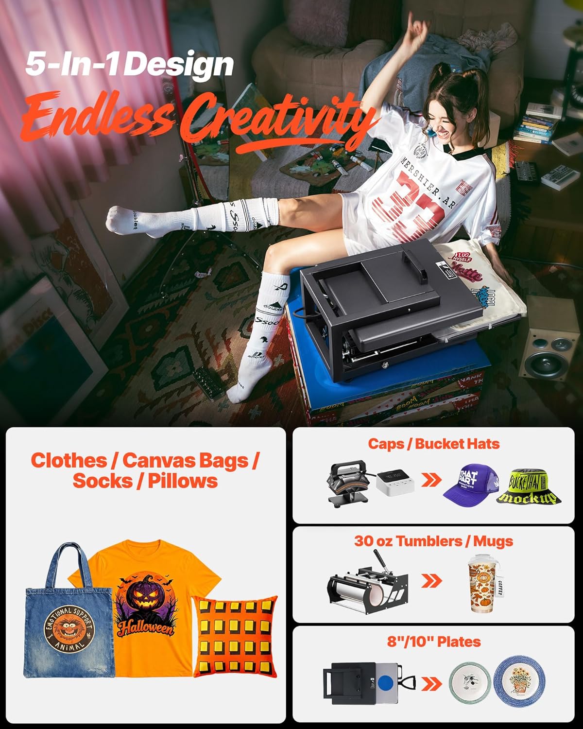 VEVOR Hybride warmtepers, 15 x 15 inch, 5-in-1 multifunctioneel, snel en gelijkmatig opwarmen, gloednieuw gepatenteerd ontwerp, eenvoudig te bedienen, sublimatiepersmachine voor T-shirts, mokken