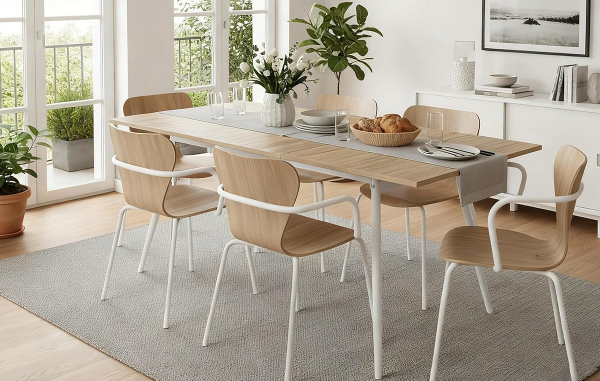 Uittrekbare Eettafel – Keukentafel – Houten Tafel – Eettafel 4-6 Personen – Uitschuifbare Tafel – Scandinavisch Design – Eiken Look – MDF Melamine – Metalen Frame