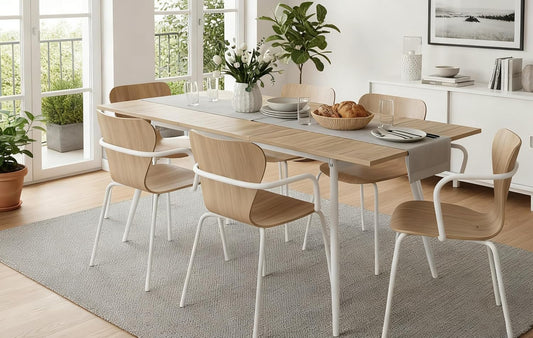 Uittrekbare Eettafel – Keukentafel – Houten Tafel – Eettafel 4-6 Personen – Uitschuifbare Tafel – Scandinavisch Design – Eiken Look – MDF Melamine – Metalen Frame