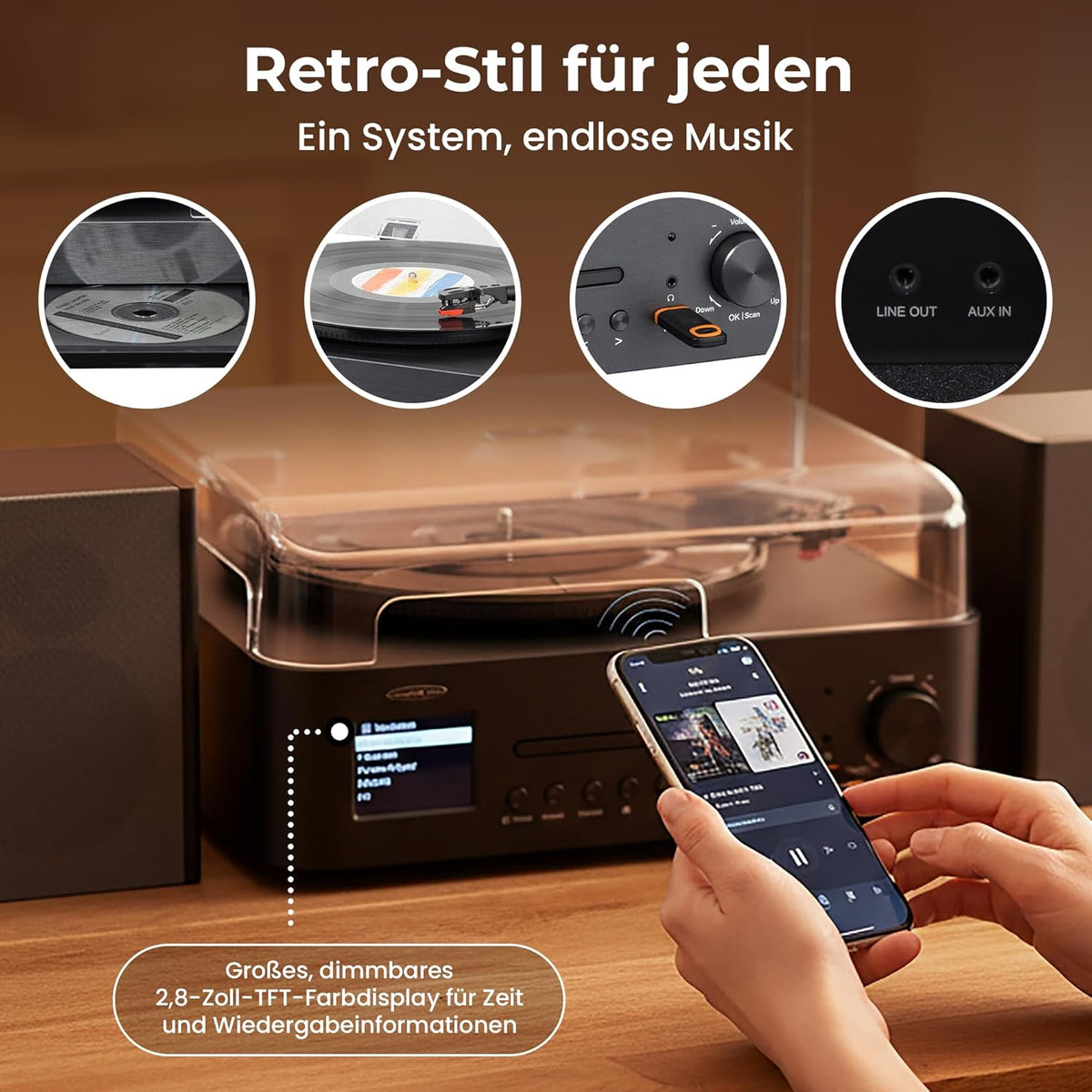 Reflexion Draaitafel met luidspreker en wifi, retro hifi-installatie met DAB+, internetradio, bluetooth, cd, USB-mp3-opname, kleurendisplay, wekker en slaaptimer, compleet systeem incl