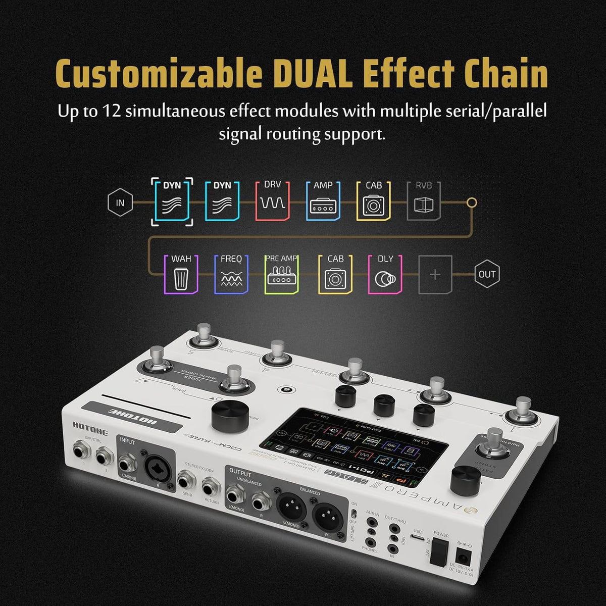 HOTONE Ampero II Stage Gitaar Bass Multi-Effect Processor met Touchscreen Gitaar Bass Versterker Modellering IR Boxes Simulatie met FX Loop MIDI I/O Stereo OTG USB Audio Interface Ampero II Stage