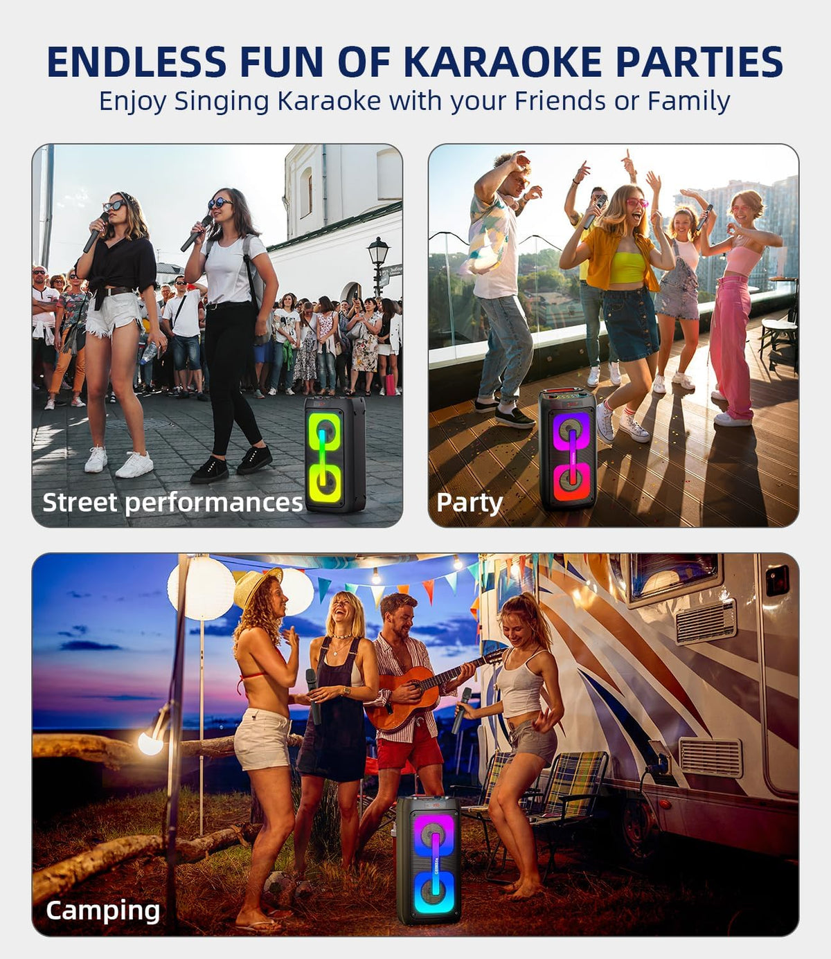 Karaokemachine voor Volwassenen – Draagbare Speaker – Bluetooth Speaker – PA-Systeem – Karaokeset – 60W Krachtig Geluid – 2 Draadloze Microfoons & RGB-Discolampen