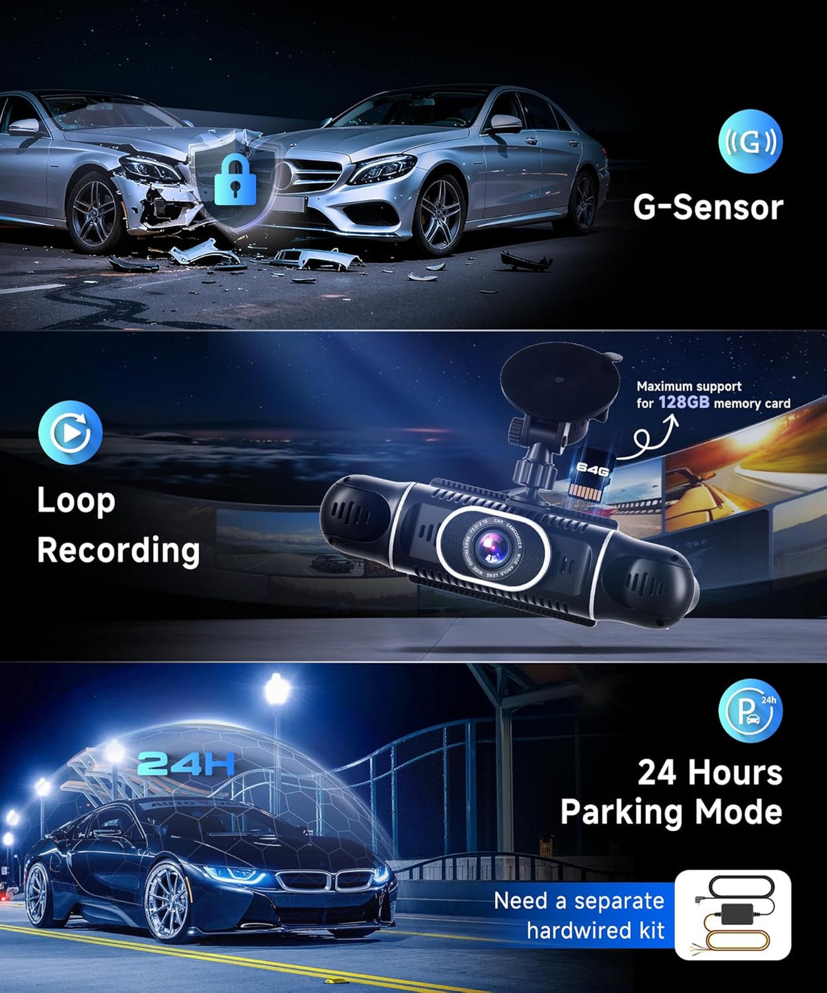 Dashcam 2K Car with WiFi, 4 1080P Dash Cams with 3 Inch IPS Display, Night Vision, Accelerometer, 360 Degree Protection, Supports 128G, G-Sensor - QUORE