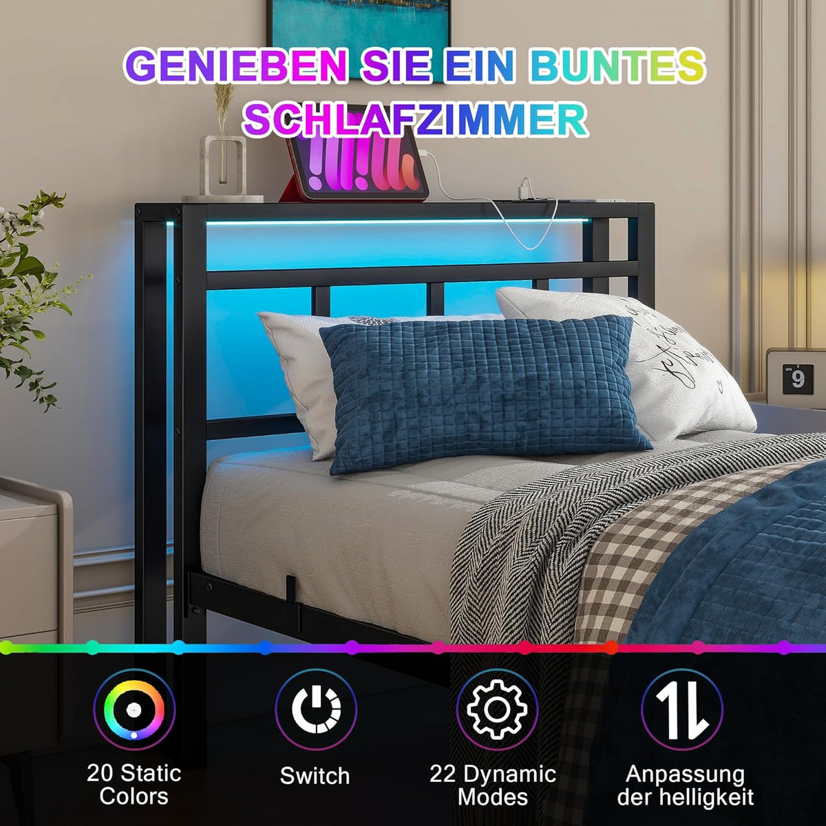 Bed 90 x 200 cm met lattenbodem van metaal, bedframe, 90 x 200 cm, met ledverlichting, metalen bed met stopcontact en 2 USB-oplaadfuncties, metalen bed met houten hoofdeinde, opbergruimte, bedframe