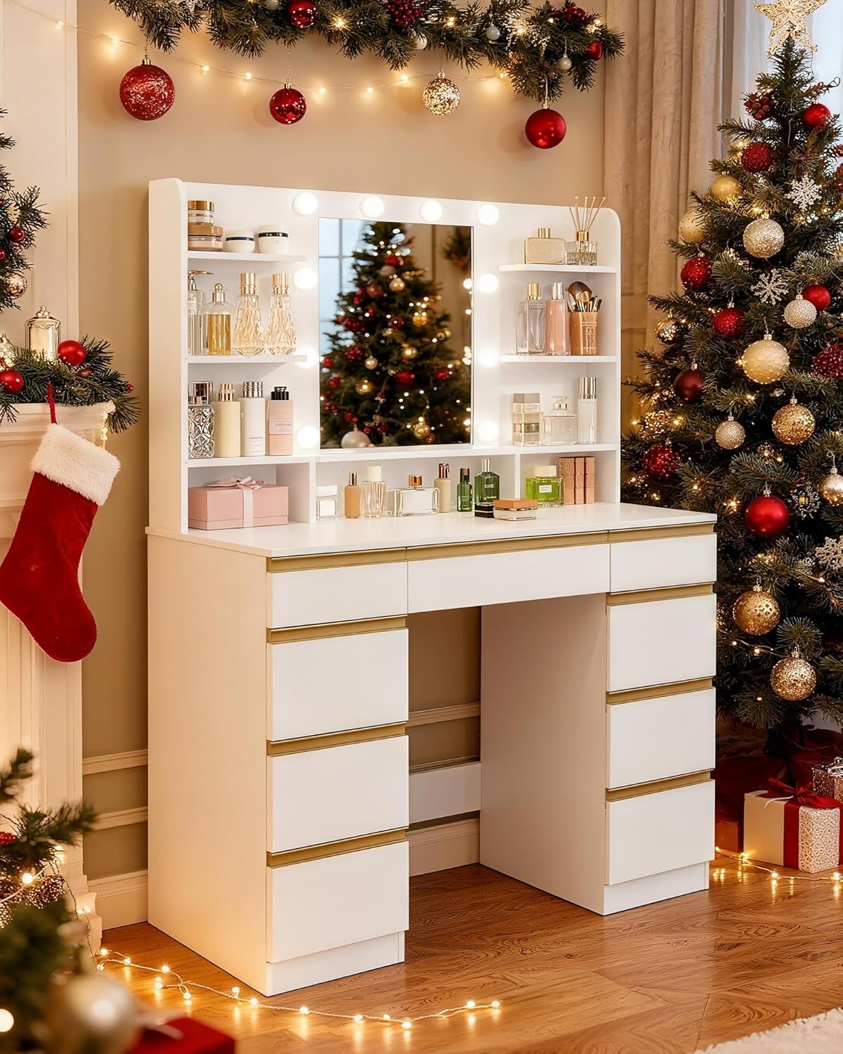 Hzuaneri Large Dressing Table with LED Lighting, 10 LED Globes, 3 Colors, Adjustable Brightness, Dressing Table with Mirror, 9 Drawers, 9 Open Shelves, Modern Style, White-GoldDT35703X