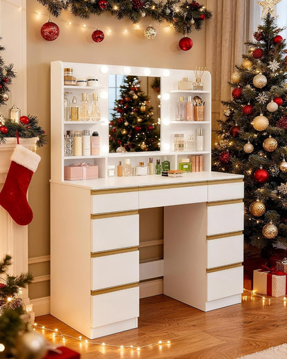Hzuaneri Large Dressing Table with LED Lighting, 10 LED Globes, 3 Colors, Adjustable Brightness, Dressing Table with Mirror, 9 Drawers, 9 Open Shelves, Modern Style, White-GoldDT35703X