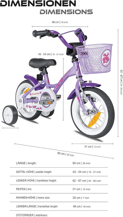 PROMETHEUS BICYCLES kinderfiets 12 inch meisjes- fiets meisje van 3 jaar met zijwieltjes terugtraprem Meisjesfiets 12 inch in paars