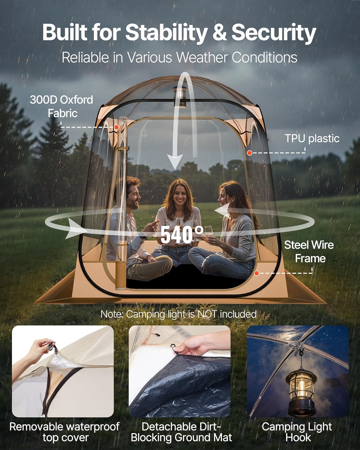 VEVOR Pop-up-sporttent, transparant, 160 x 160 cm, voor 2 tot 4 personen, waterdichte capsule voor buiten, met mat en afdekking, igloo koepeltent voor de tuin