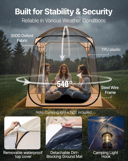 VEVOR Pop-up-sporttent, transparant, 160 x 160 cm, voor 2 tot 4 personen, waterdichte capsule voor buiten, met mat en afdekking, igloo koepeltent voor de tuin