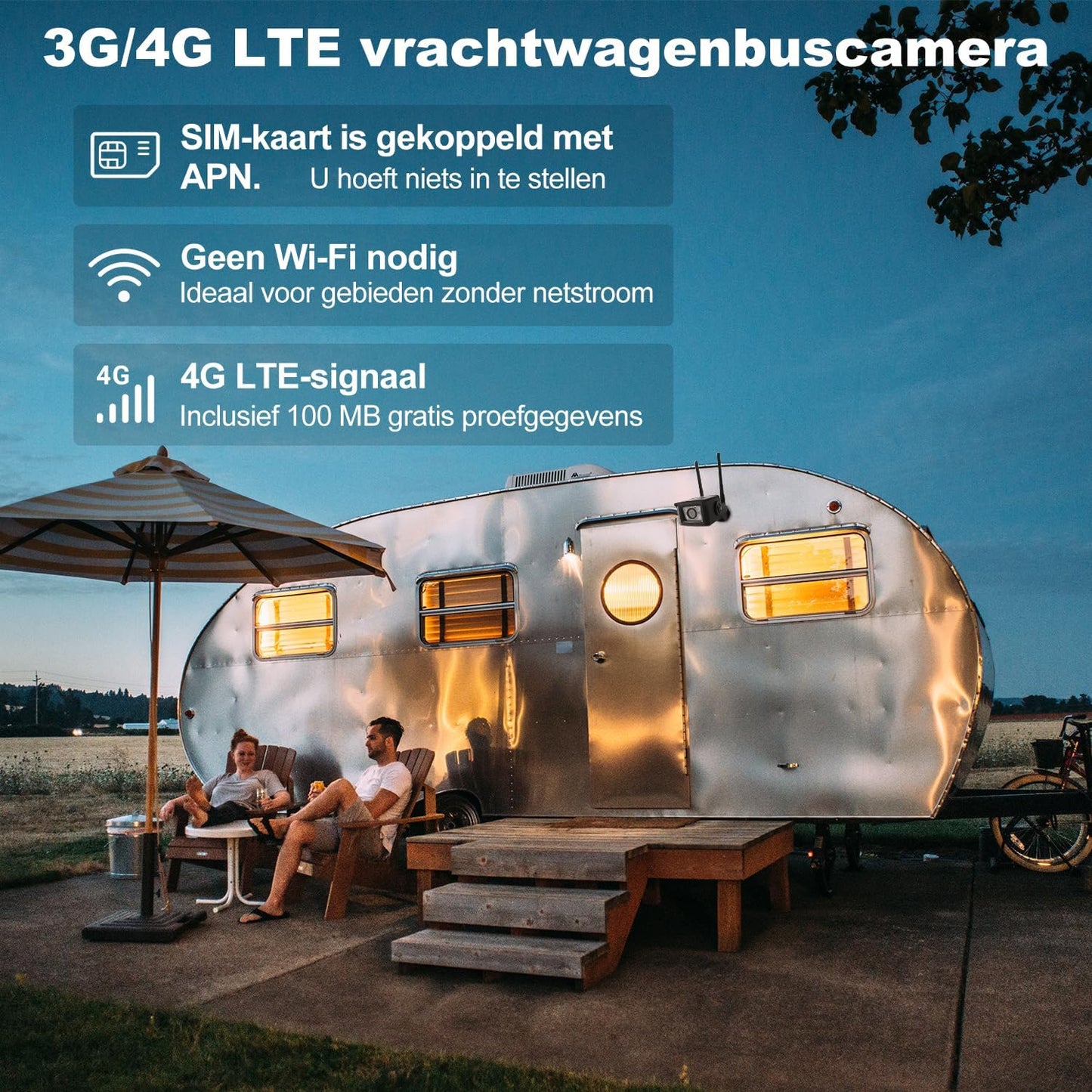 GENBOLT 4G LTE vrachtwagen camera voor remote monitoring. Realtime en multi-hoek monitoring met 1080P dual camera's. Geluids- en lichtalarm. IP69 waterdicht. Magnetische beugel