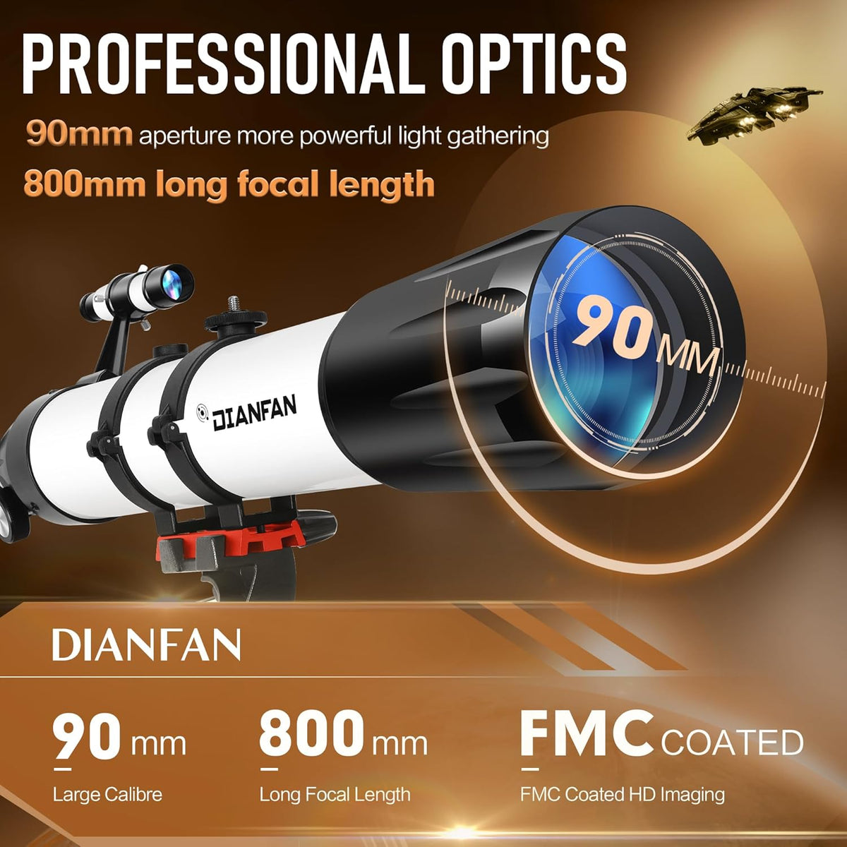 Dianfan Telescoop, 90 mm Opening, 800mm Telescoop Astronomie voor Volwassenen, 32X-240X Refractor Telescopen voor Kinderen en Beginners met Telefoonadapter, AZ Montuur, Statief en Draagtas