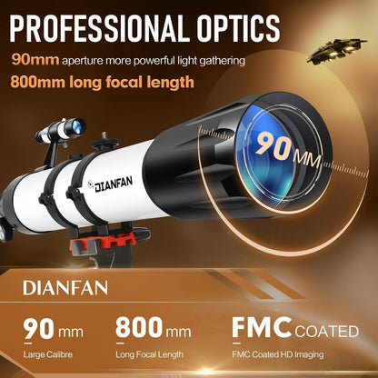 Dianfan Telescoop, 90 mm Opening, 800mm Telescoop Astronomie voor Volwassenen, 32X-240X Refractor Telescopen voor Kinderen en Beginners met Telefoonadapter, AZ Montuur, Statief en Draagtas