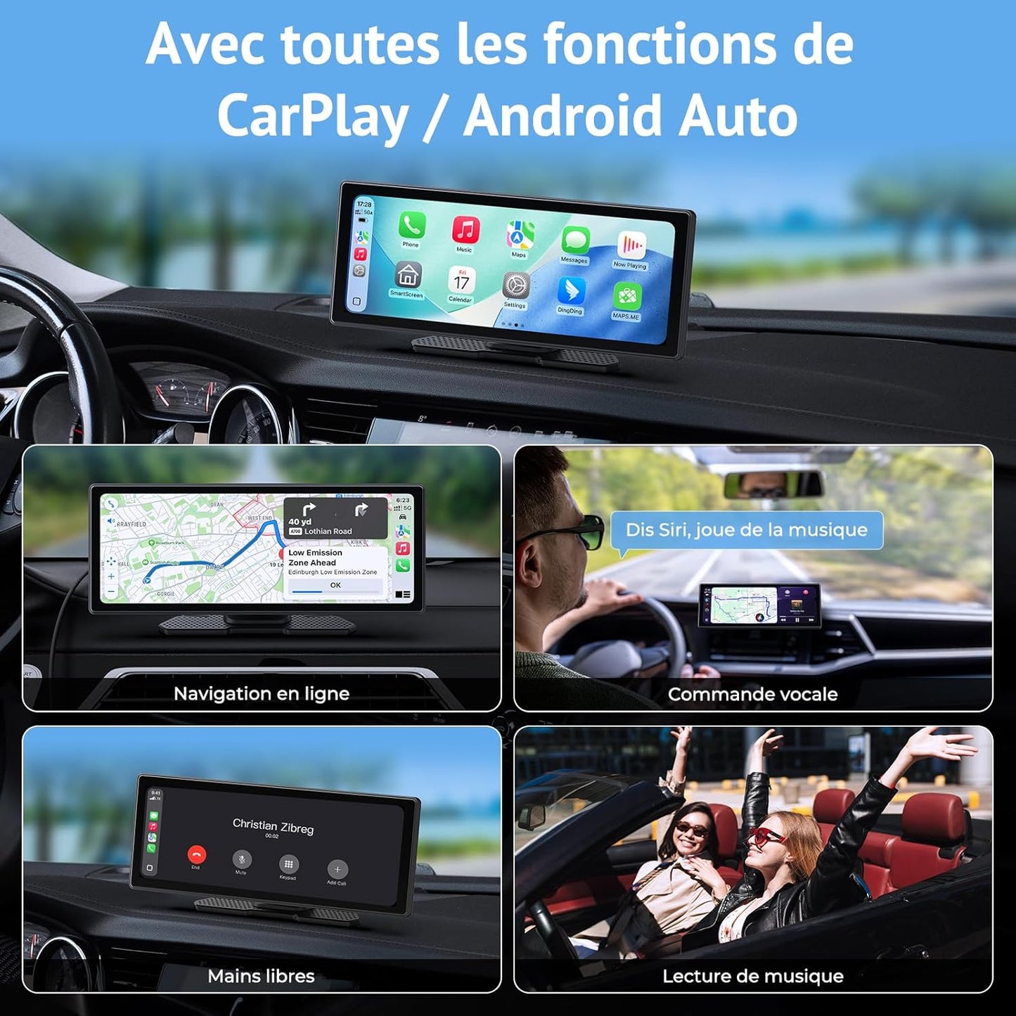 10,26 inch Carplay-scherm, compatibel met CarPlay en Android Auto, Car Play-display met 1080p achteraanzicht, mirror link, spraakbediening, bluetooth-audio, GPS, FM, AUX