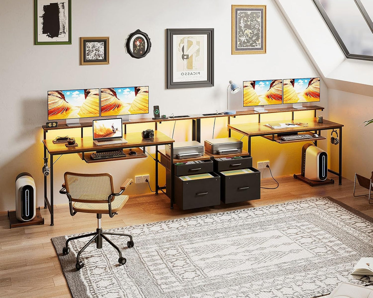 Colsehome Bureau met Laden, 140x48cm Omkeerbaar Computer Bureau met Stopcontact & USB, Gaming Tafel LED Licht, Toetsenbordlade & Monitorstandaard voor Kantoor, Slaapkamer, Bruin