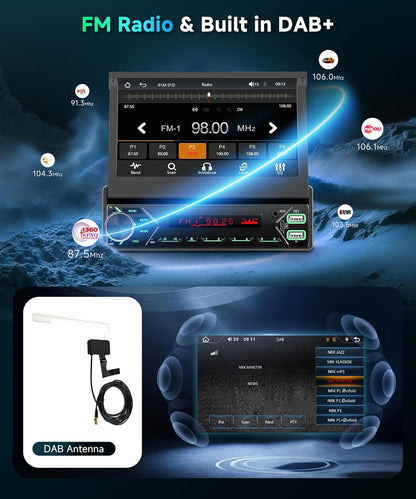 1 DIN DAB+ autoradio met 7-inch gemotoriseerd touchscreen, draadloze CarPlay & Android Auto, Podofo autoradio met Bluetooth, USB-C, Mirror Link en achteruitrijcamera