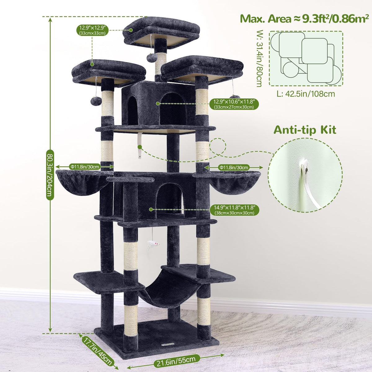 Kattenkrabpaal XXL – Krabmeubel – Kattenboom – Krabpaal – Speelmeubel – Extra Hoog 204 cm – Zachte Pluche Bekleding – 3 Afneembare Zitstokken – 2 Kattenhuisjes – Donkergrijs