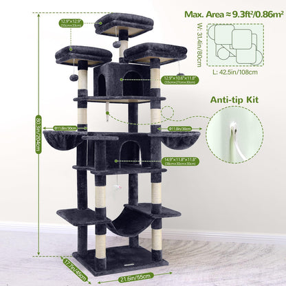 Kattenkrabpaal XXL – Krabmeubel – Kattenboom – Krabpaal – Speelmeubel – Extra Hoog 204 cm – Zachte Pluche Bekleding – 3 Afneembare Zitstokken – 2 Kattenhuisjes – Donkergrijs