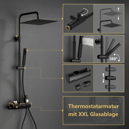 Douchekraan – Douchemengkraan – Douchethermostaat – Doucheset – Thermostaatkraan – Zwart – Roestvrij Staal 304 – Grote Regendouche 20x20 cm