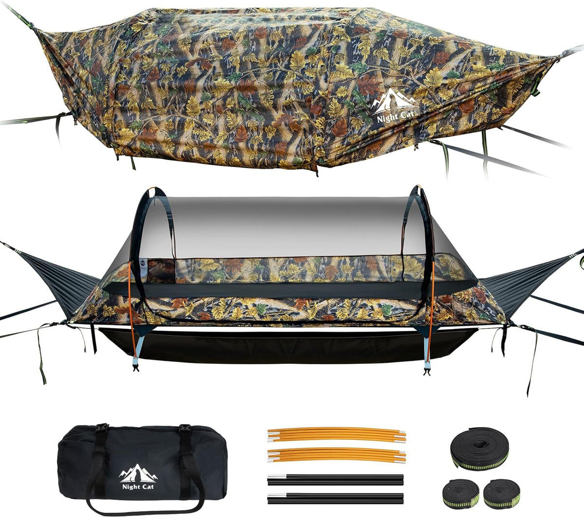 Night Cat Lay Flat Hammock: Flat Bottom with Mosquito Net Waterproof Rain Fly for 1 Person Camping in Garden Backyard Wild (Green)