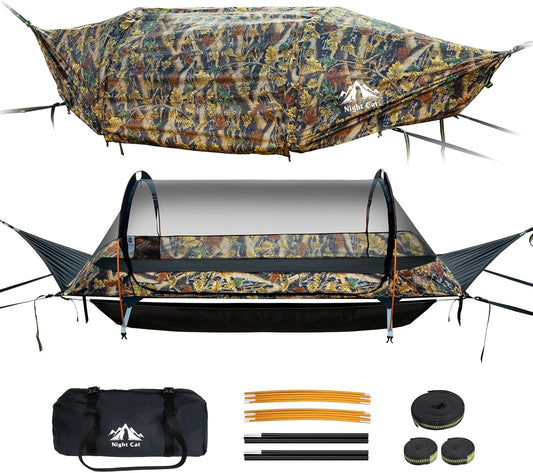 Night Cat Lay Flat Hammock: Flat Bottom with Mosquito Net Waterproof Rain Fly for 1 Person Camping in Garden Backyard Wild (Green)