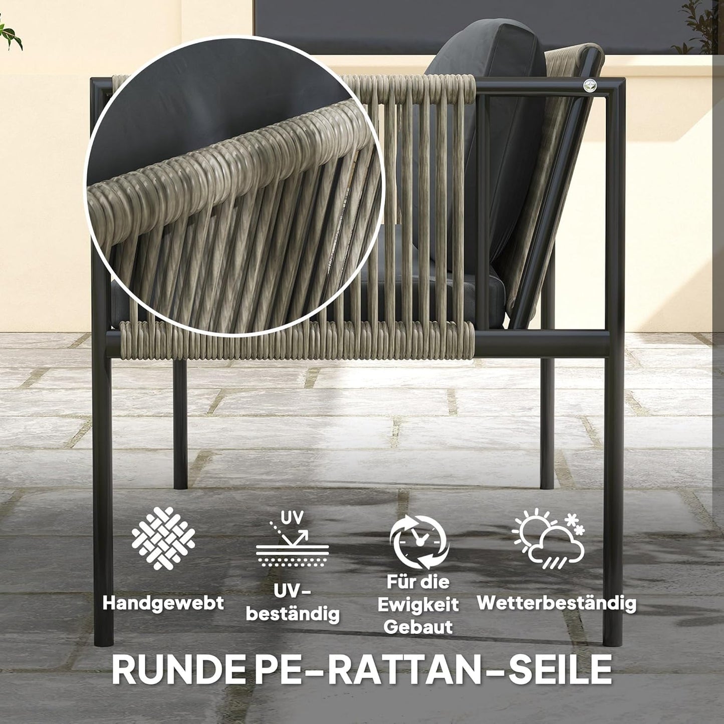 Outsunny Polyrattan Garden Furniture Set with 2-Piece Sofa, Chair, Glass Table, Cushion, Weatherproof, Balcony Furniture for 4 Persons, Outdoor Seating, Patio Furniture for Garden Balcony, Grey - QUORE