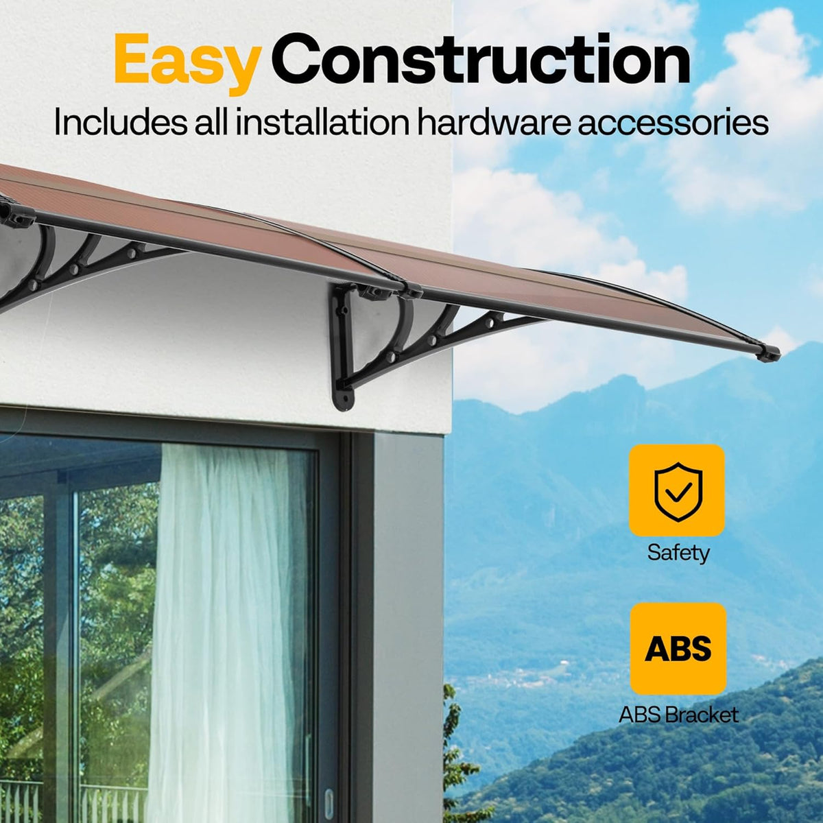 VIVOHOME Luifel voor voordeurraam luifel 200×100cm Polycarbonaat gesplitste dakbedekking Bruine lessenaarsdakluifel met zwarte beugel voor zonwering en regenbescherming