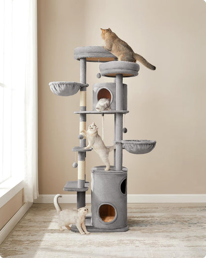 Feandrea krabpaal groot, XXL, 196 cm hoog, meerdere verdiepingen kattenboom met 2 grote platforms, 3 grotten, 2 ligbedden, 5 krabpalen, 4 pluche ballen, kattenborstel, tunnel, lichtgrijs PCT153W01