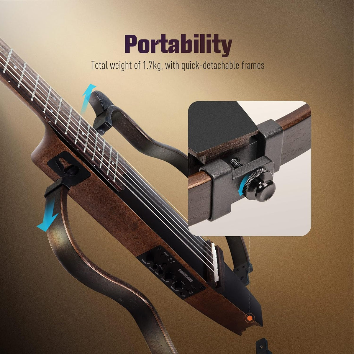 SONICAKE QGT-01 Elektrische akoestische gitaar, draagbare behuizing van massief mahonie, eenvoudig te monteren frame, multi-corpus vorm, sim-preamp, Gigbag en accessoires