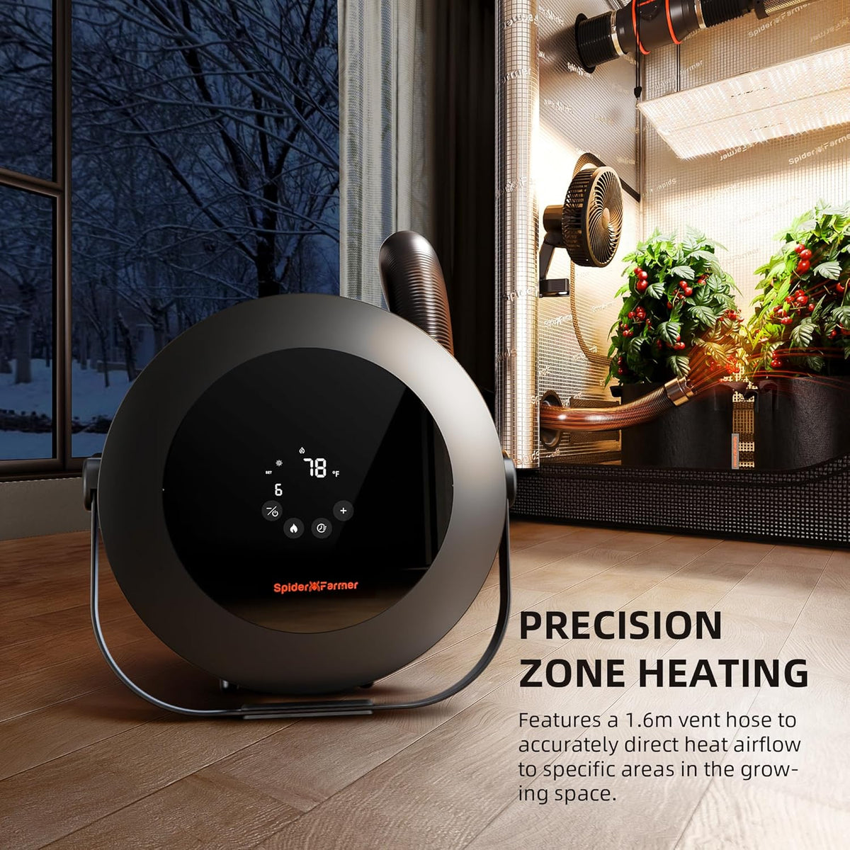 Spider Farmer Ventilatorkachel, 540 W, intelligente temperatuurregeling, energiebesparend, stil, 4 modi en 24 uur timer, 10 PTC-verwarming en ventilatiebuis, geschikt voor plantenruimtes en