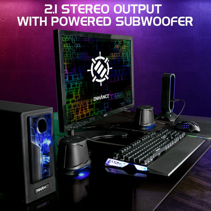 ENHANCE SB 2.1 Computerluidspreker met subwoofer – blauwe led-gamingluidspreker, high-excursion-geluidssysteem, AC-voeding, volume- en basregeling, compatibel met gaming-pc, desktop, laptop