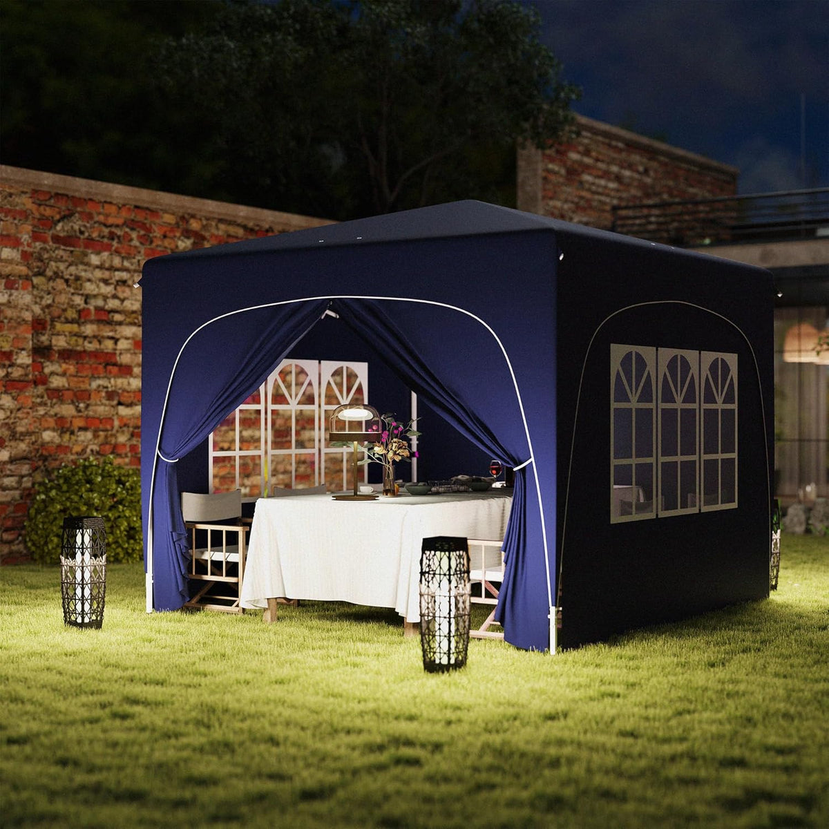 Outsunny Pavillon 3x3m, wasserabweisend Stabil Winterfest Pop-up Faltpavillon, UV Schutz 50+, Faltbar Partyzelt Gartenzelt mit 4 Seitenteilen Tasche Gartenpavillon für Camping Garten, Dunkelblau - QUORE