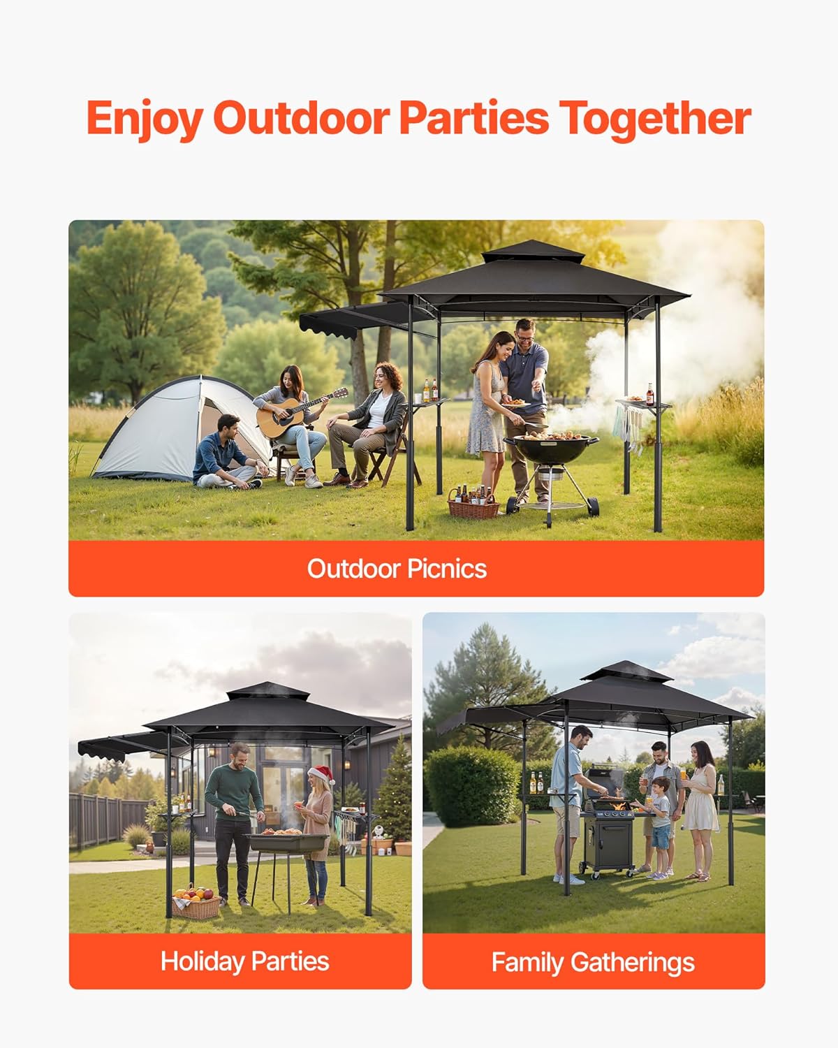 VEVOR Grillpaviljoen, 2,4 x 1,5 m dubbel gelaagd bovenblad, versterkt barbecue-paviljoen met extra luifel, gepoedercoat stalen terrasgrillonderdak met 2 zijplanken en haken, buitengrillluifel voor