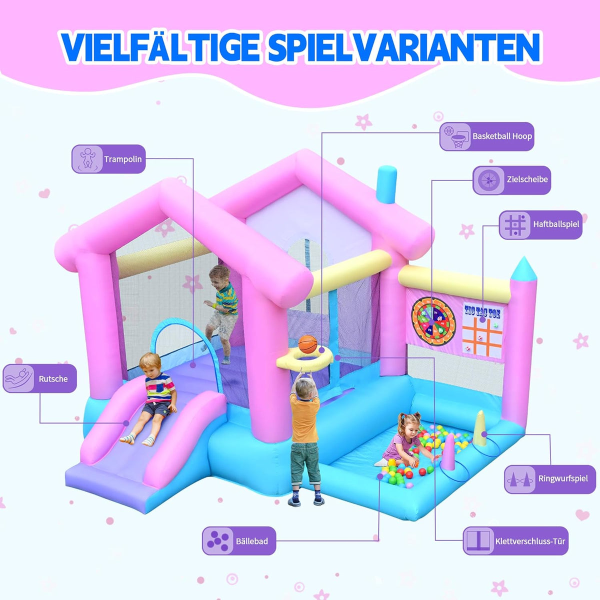 Springkasteel groot met glijbaan en basketbalmand, springkasteel voor kinderen van 3-10 jaar, springkasteel met ventilator, voor binnen en buiten
