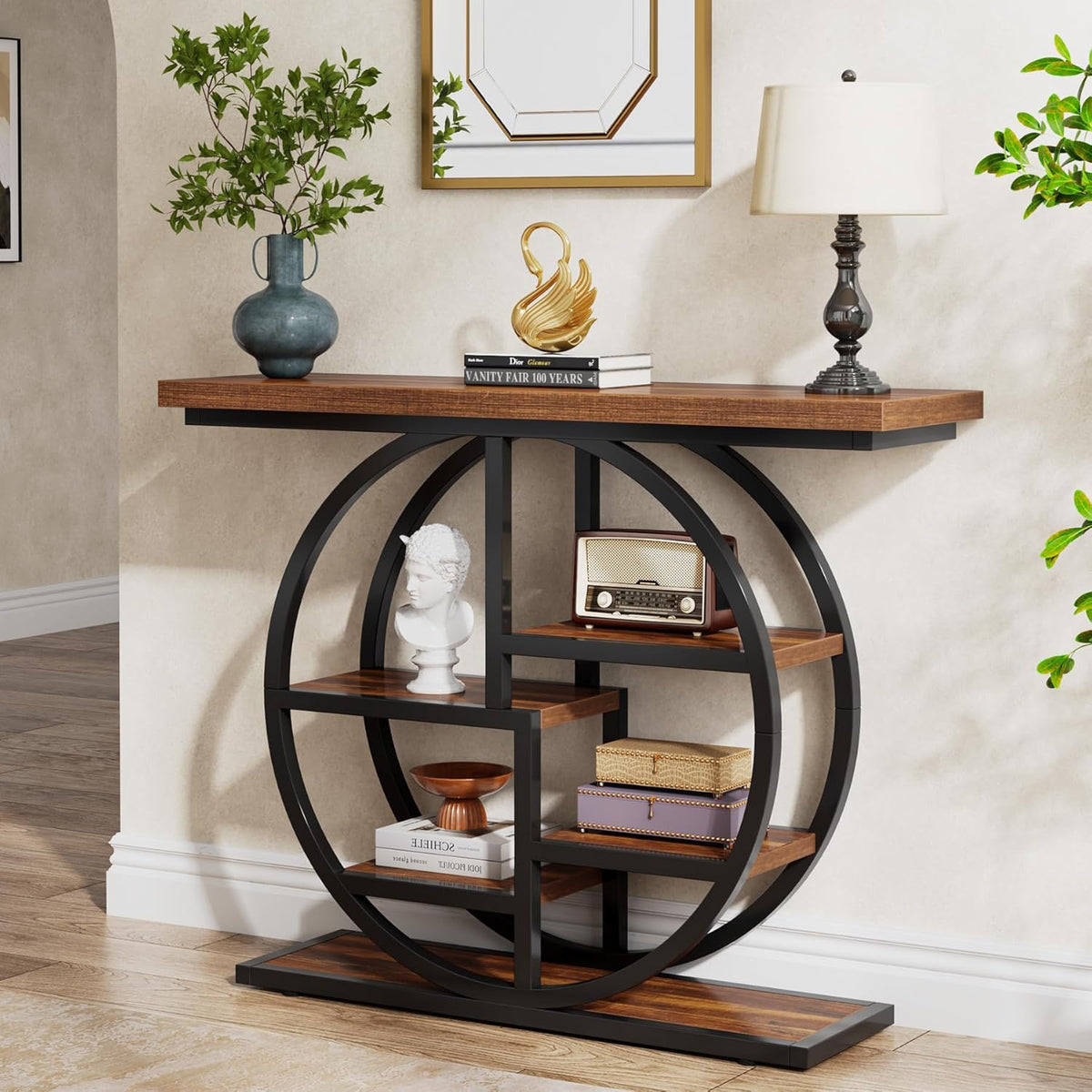 Tribesigns Console Table, 105cm Industrial 6 Tier Sofa Table, Entrance Table with Circle Base, Narrow Wooden Accent Tables with Storage Shelves for Living Room, Hallway, Foyer, Rustic Brown