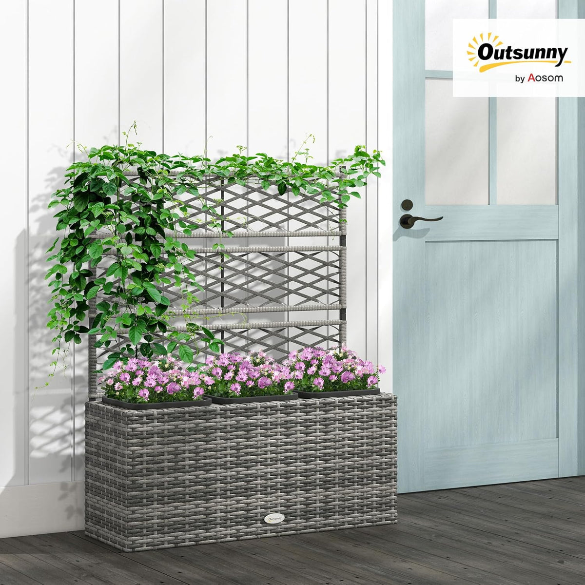 Outsunny 33L Garden PE Rattan Planter Trellis Freestanding Flower Raised Bed for Garden, Garden Planter for Climbing Planter, 84cm x 30cm x 107cm, Light Grey - QUORE