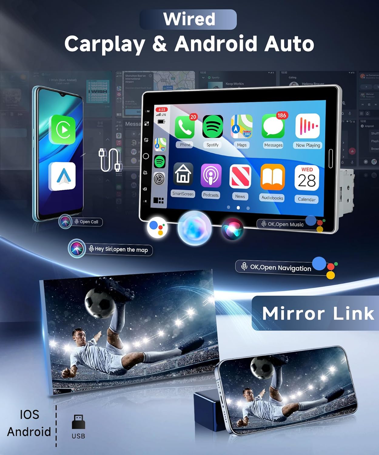 Car Radio, 1 Din with Carplay Android Auto, 10.1 Inch IPS Setting, Touch Screen, Radio, Car Support, Bluetooth, FM Radio, Mirror Link, GPS, 2USB, SWC, MIC, Rear View Camera - QUORE