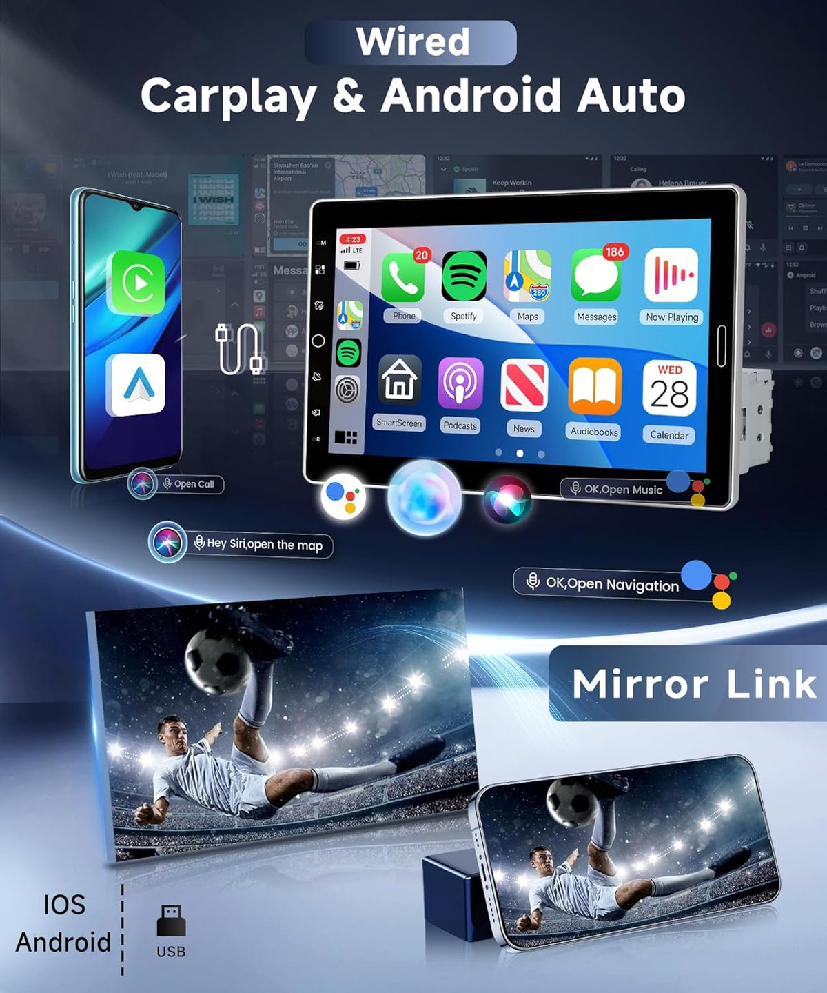 Car Radio, 1 Din with Carplay Android Auto, 10.1 Inch IPS Setting, Touch Screen, Radio, Car Support, Bluetooth, FM Radio, Mirror Link, GPS, 2USB, SWC, MIC, Rear View Camera - QUORE