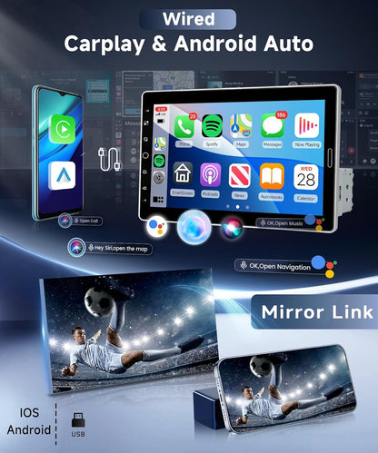 Car Radio, 1 Din with Carplay Android Auto, 10.1 Inch IPS Setting, Touch Screen, Radio, Car Support, Bluetooth, FM Radio, Mirror Link, GPS, 2USB, SWC, MIC, Rear View Camera - QUORE