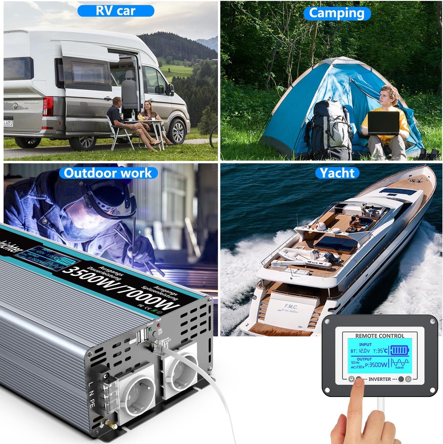 FLAMEZUM 3500 W zuivere sinus omvormer 12 V naar 230 V spanningsomvormer power omvormer converter met afstandsbediening led-display & 2 EU AC-stopcontacten & 2 USB-poorten voor auto, caravan, boot, camping