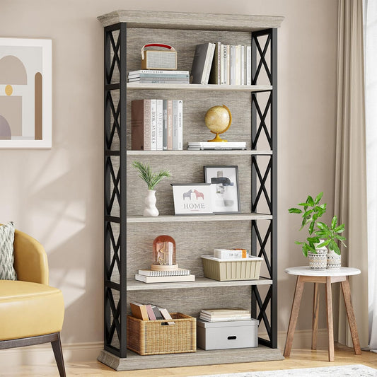 Tribesigns Bookcase, 6 Floors, 180 cm, Industrial Style, Freestanding, 5 Shelves, Tall Bookcase for Home Office, Living Room, Bedroom, Grey