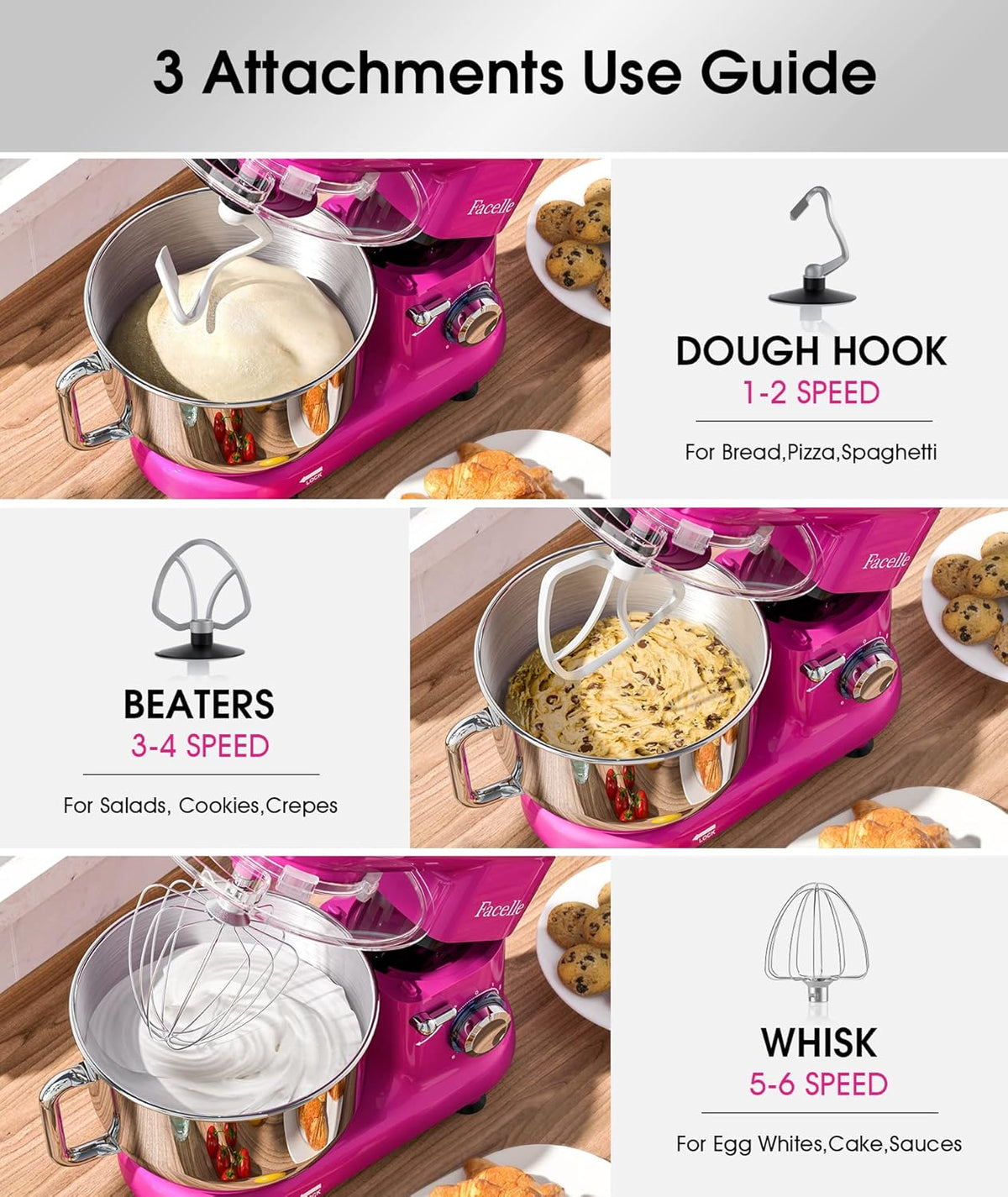 Facelle Staande mixer, 1500 W 6-speed kantel-head voedselmixers taartmixer keuken elektrische keukenmixer met 6L roestvrijstalen kom, deeghaak, platte klopper, garde, spatbescherming, om te bakken