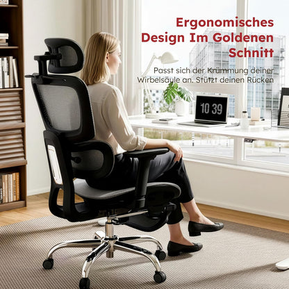 Ergonomische Bureaustoel – Bureaustoel Kantoorstoel Werkstoel Stoel Meshstoel – Volledig Mesh Design – Afneembaar Zitkussen – Uittrekbare Voetensteun – 3D Verstelbare Armleuningen – Zelfaanpassende Lendensteun – 360° Draaibaar – Lichtgrijs