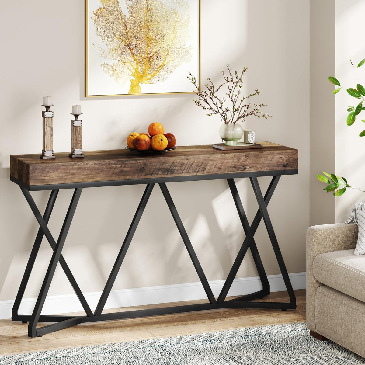 Tribesigns Console Table, 140 cm, Farmhouse Coffee Table, Wooden Entrance Table with Unique Metal Base, Small Exhibition Table, Foyer Table, Industrial Hall Table for Hallway, Living Room, Entrance