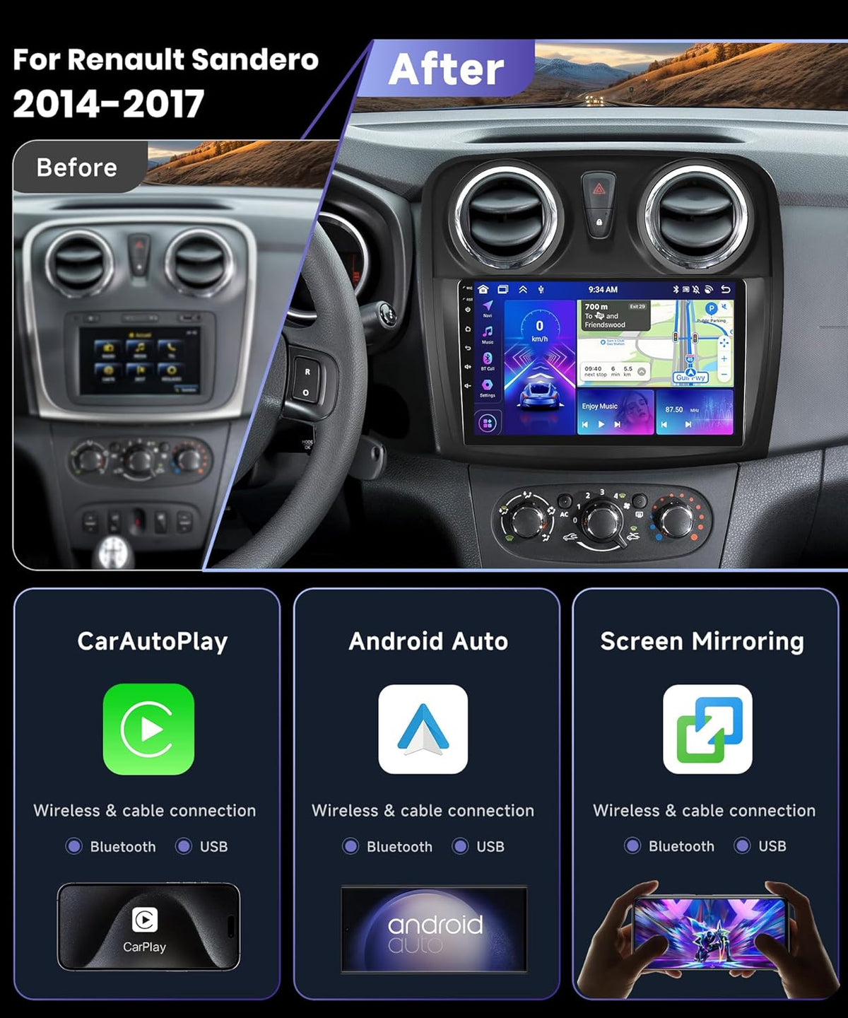 【4+64G】8-Core 9'' Autoradio voor Für Renault Dacia SANDERO II B52 2012-2019 Carplay Android Auto Bluetooth met Touchscreen,1280*720,Android Radio RDS/FM met Wifi/GPS Navi+AHD Back up Camera DSP/HiFi
