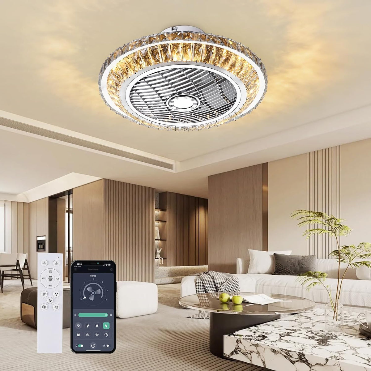 LED-plafondventilator met verlichting, stille kristallen ventilatorkroonluchter met afstandsbediening, dimbare timingventilator, plafondlamp, 72 W moderne ventilator, plafondlamp voor kinderkamer
