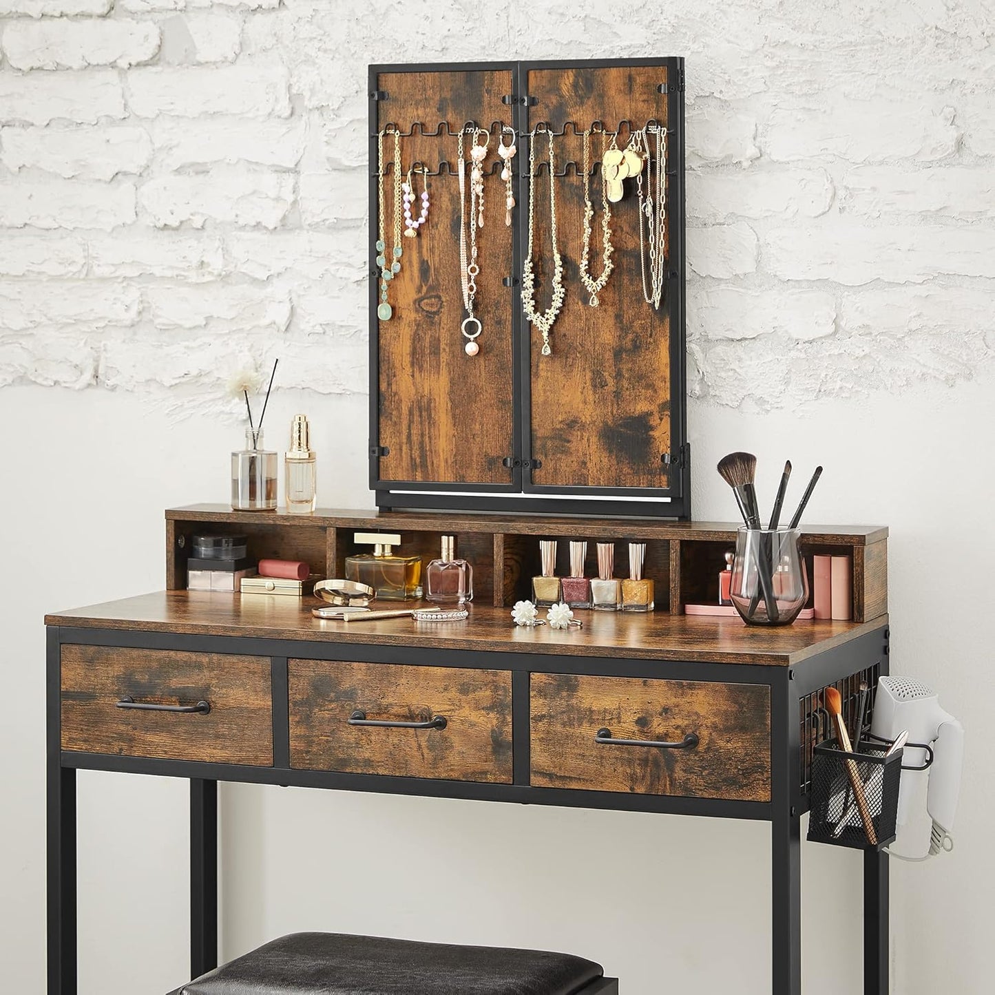 Kaptafel - met kruk en opklapbare spiegel - Cosmeticatafel - Damestafel - Hout - Bruin/Zwart - QUORE